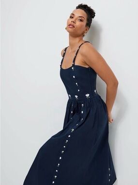 Fanm Mon Hulya Embroidered Navy Midi Dress with White Floral Embroidery